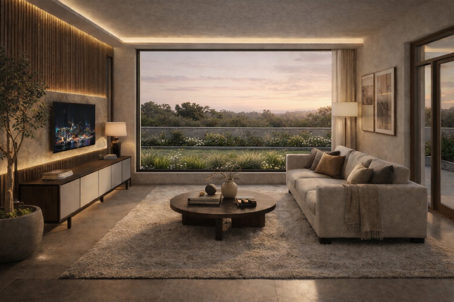 Luxury living room with garden view — Aalis Studios interior design Kenya