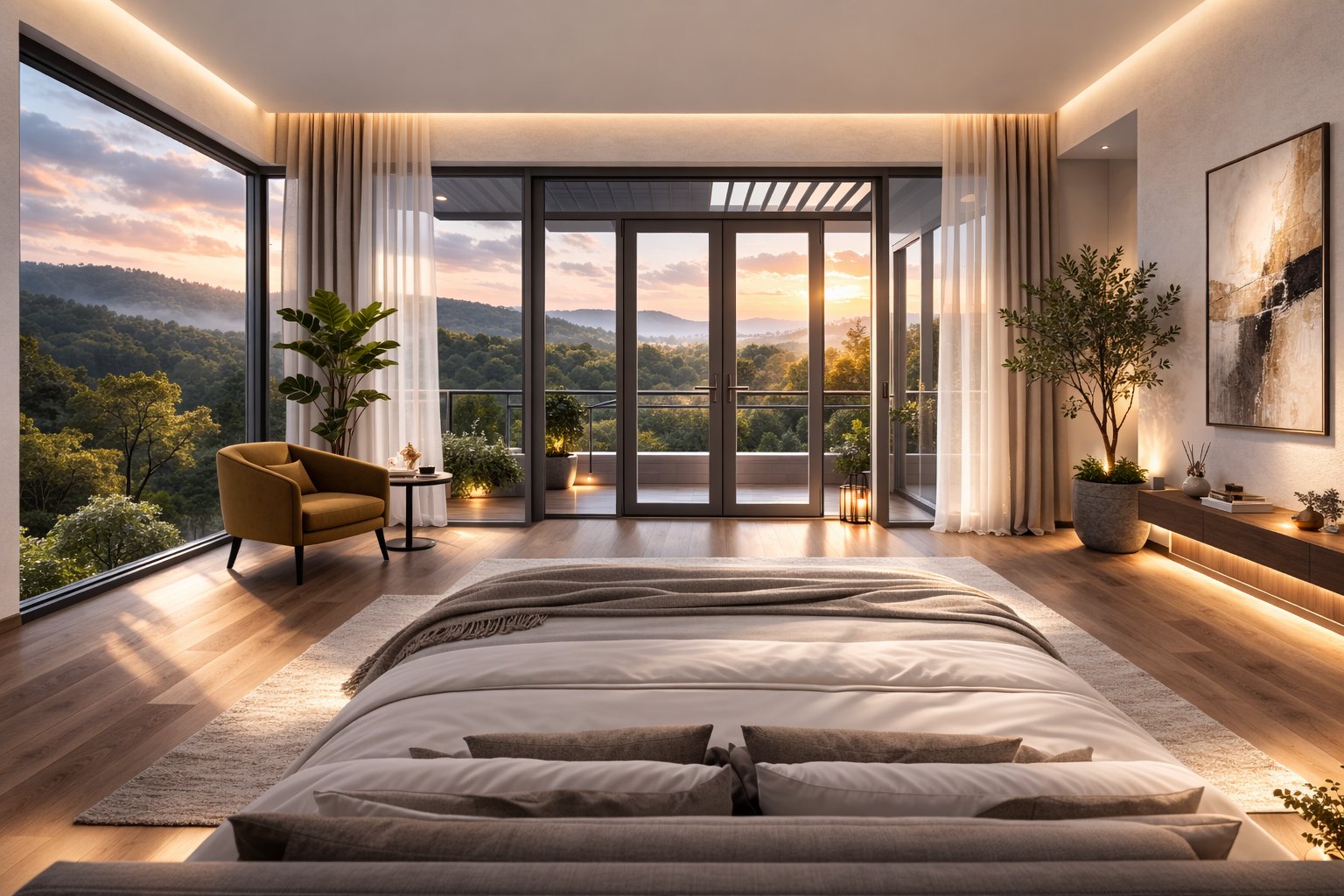 Luxury master bedroom with balcony and forest view — Aalis Studios interior design