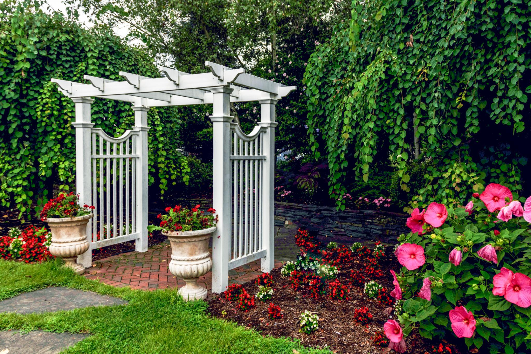 Classic white timber garden pergola arch with decorative spindles surrounded by flowering hibiscus and rose plants in a formal garden Kenya