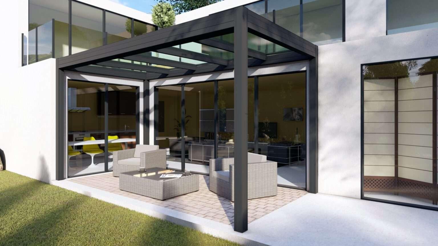 Modern aluminum and glass pergola attached to a contemporary house in Nairobi Kenya with wicker outdoor furniture and paved patio