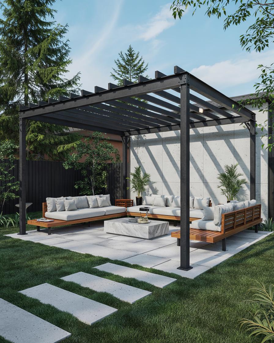Modern steel pergola with open slats and outdoor lounge furniture in a Nairobi Kenya residential garden — Aalis Studios outdoor design