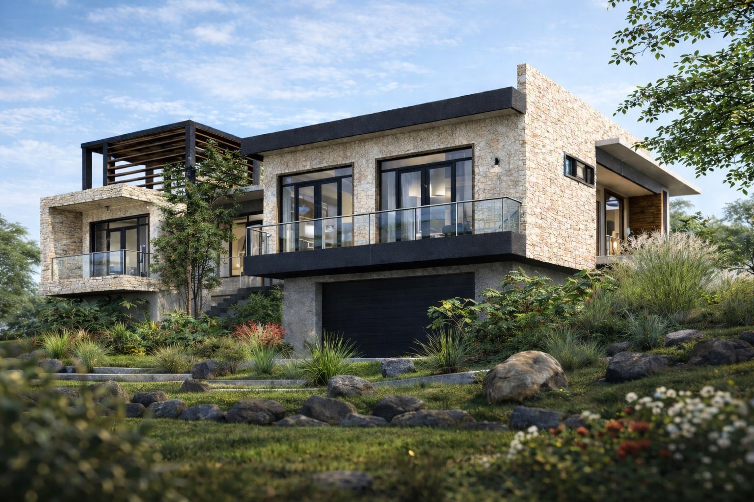 Stone-clad bungalow on a hillside at sunset — Aalis Studios residential Kenya