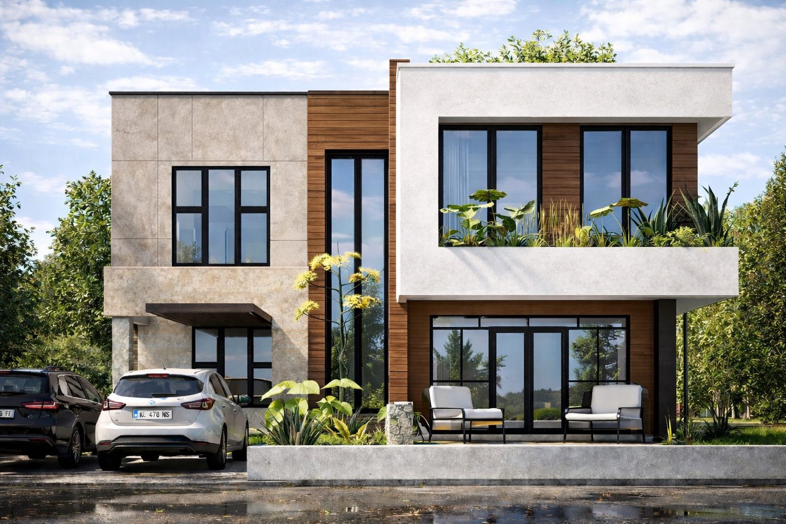 Phase 1 phased maisonette Kenya — overhead aerial view of flat roof with tiled rooftop terrace, timber deck detail, parapet walls, carport and landscaped compound