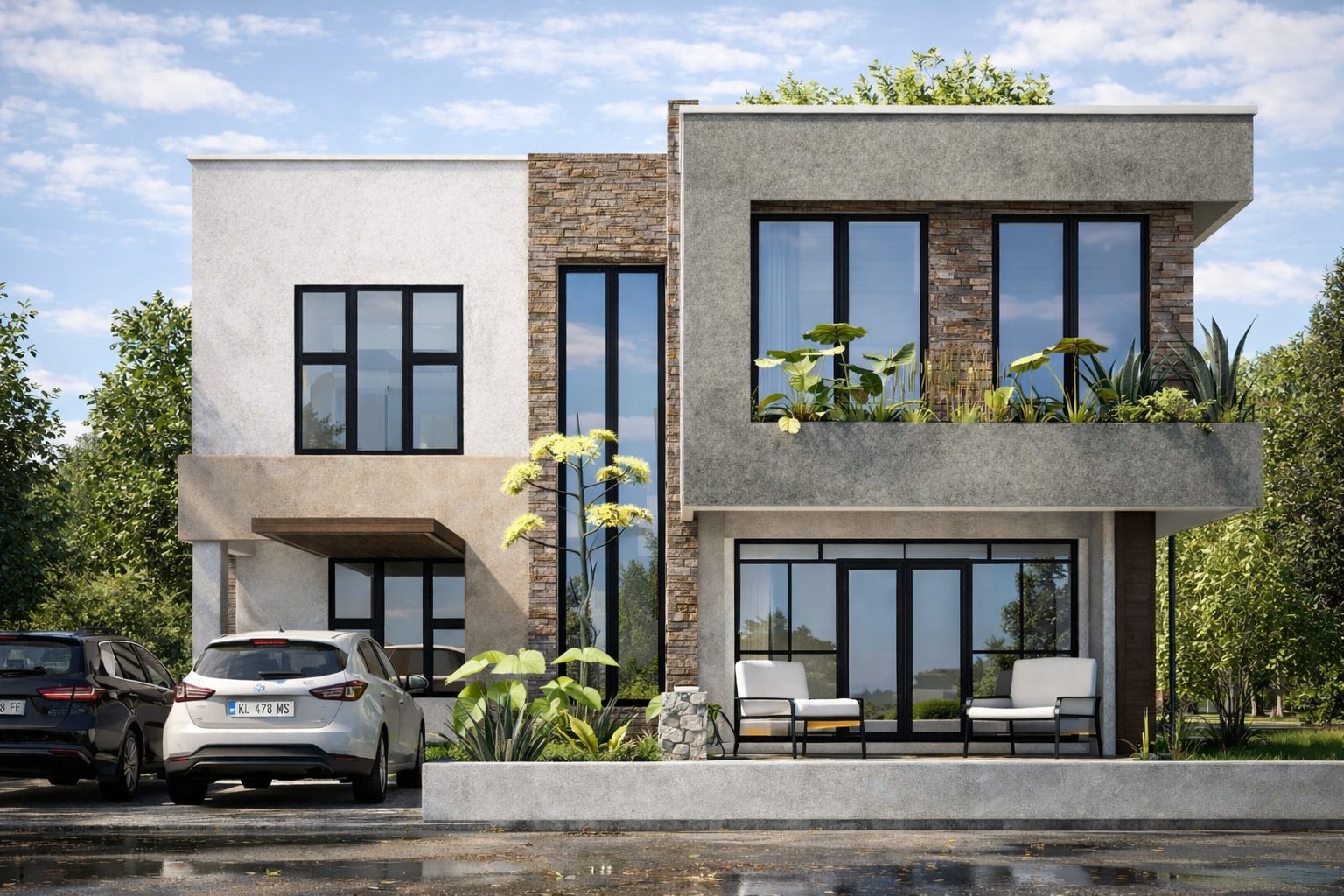 Phase 1 phased maisonette Kenya — front street view of flat-roof bungalow with stone cladding accent, rooftop planters, glass sliding doors and single car parked. Exterior reads as fully complete.
