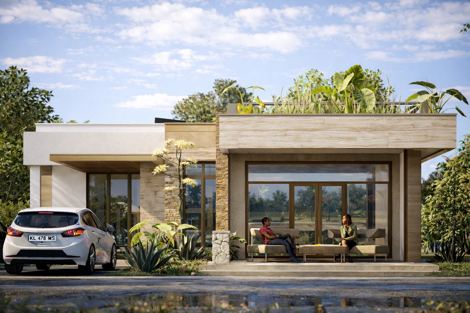 Phase 1 phased maisonette Kenya — flat-roof bungalow with open covered terrace, white lounge chairs, stone cladding column, timber accent and tropical garden landscaping