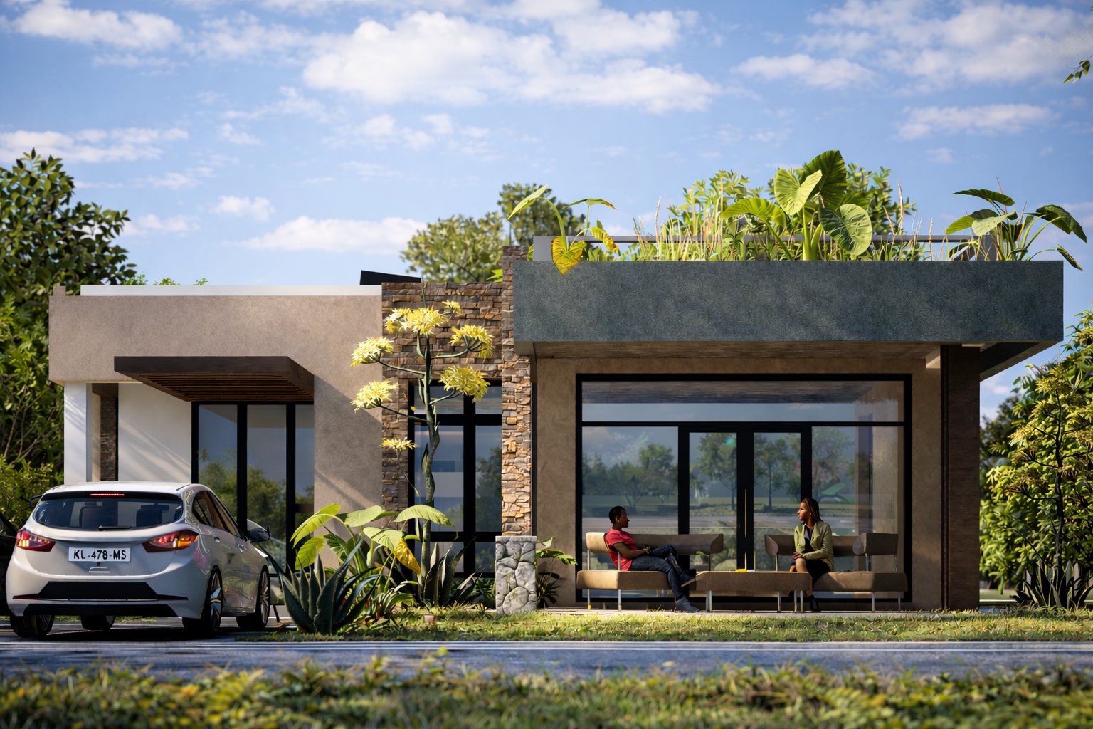 Phase 1 phased maisonette Kenya — modern flat-roof bungalow with rooftop garden, stone cladding, glass sliding doors, and carport. Looks fully complete. Designed by Aalis Studios Nairobi.