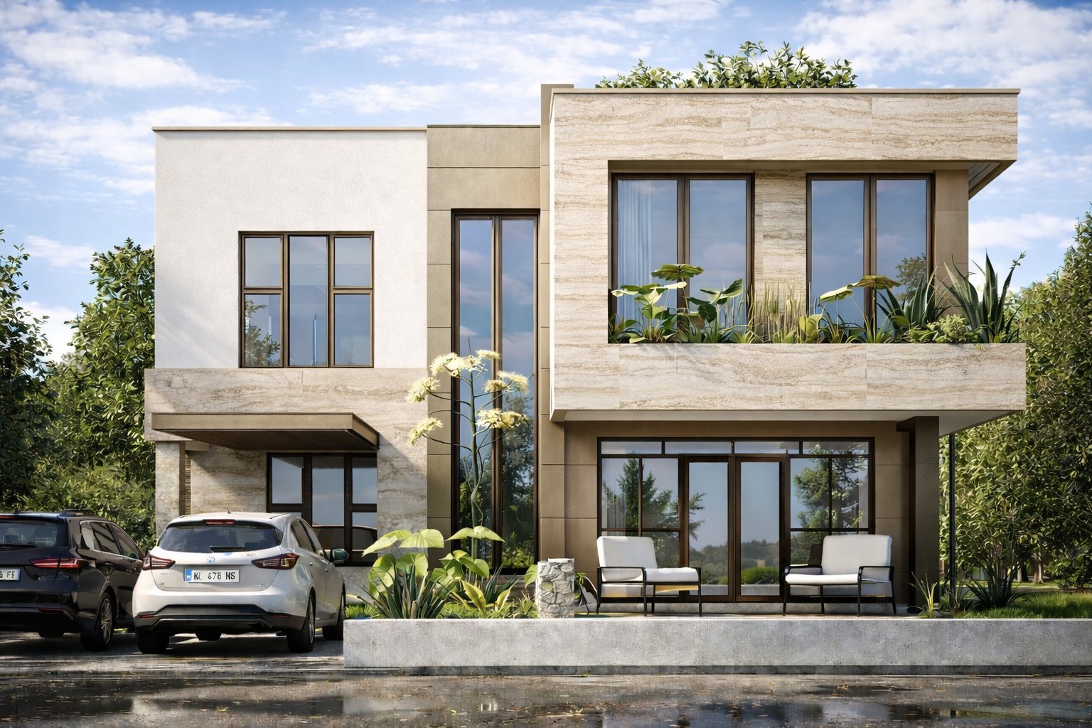 Phase 1 phased maisonette Kenya — modern flat-roof bungalow street view with stone cladding, two-car parking, rooftop planters and tropical landscaping along road