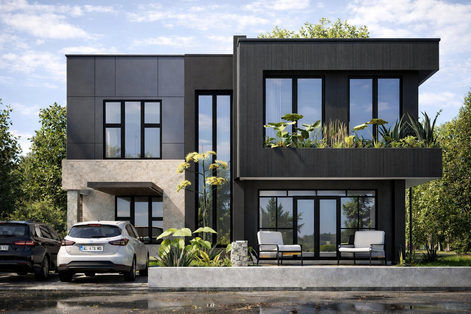 Phase 1 phased maisonette Kenya at night — warm garden uplighting, rooftop planters, glass sliding doors glowing from within, couple seated on covered terrace