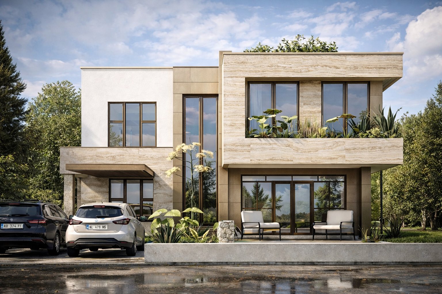 Phase 1 phased maisonette Kenya — travertine-clad bungalow variant with rooftop garden planters, couple seated on covered terrace in daylight, stone cladding and tropical garden