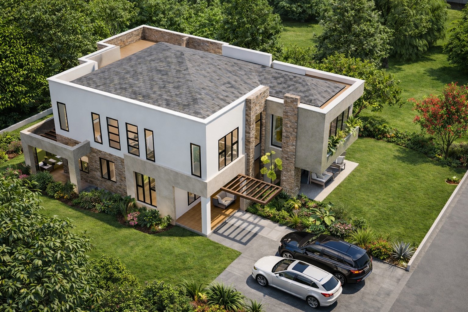 Phase 1 phased maisonette Kenya travertine variant — single-storey flat-roof bungalow clad in travertine-effect stone, rooftop garden planters, full-height sliding glass doors, couple seated on ground-level terrace