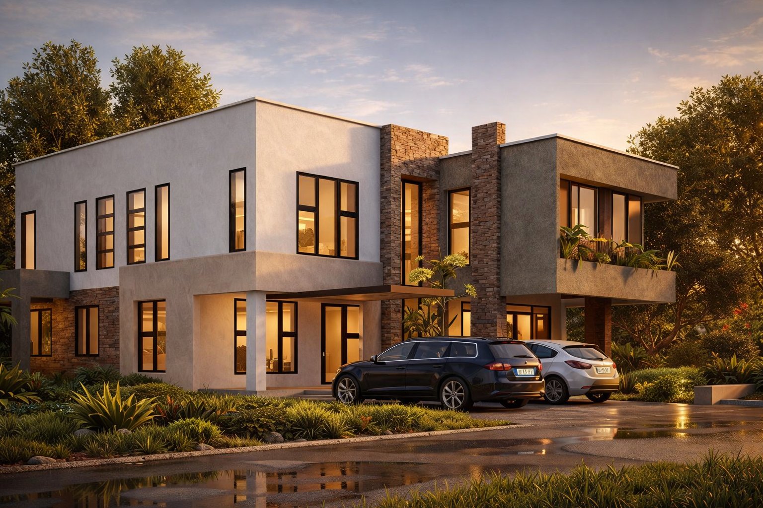 Phase 2 phased maisonette Kenya — aerial daytime view of full two-storey maisonette with double carpark, landscaped garden, stone cladding and parapet roof by Aalis Studios Nairobi
