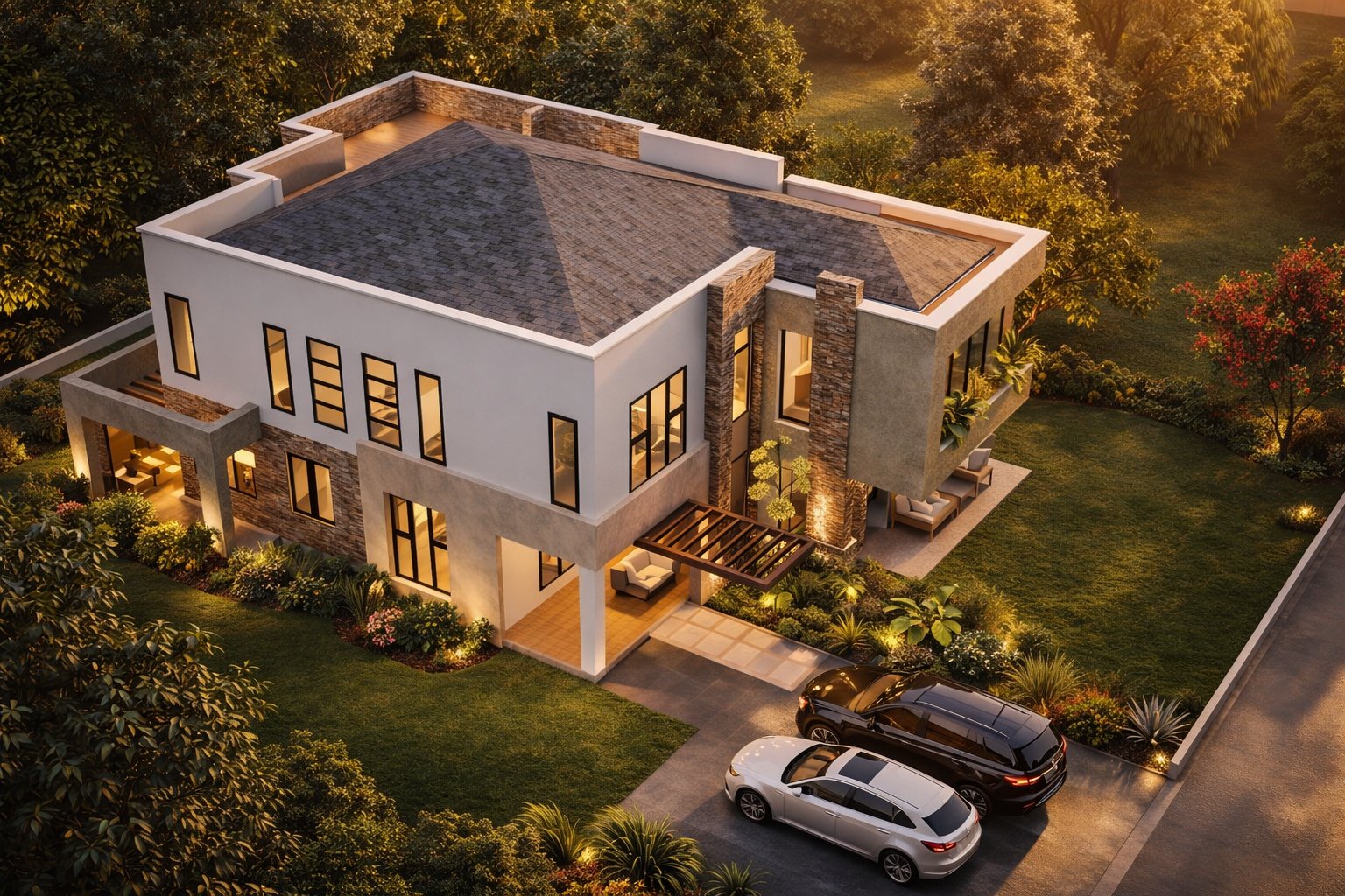 Phase 2 phased maisonette Kenya — rear aerial daytime view of full two-storey maisonette showing upper-floor roof, lush green rear garden and tropical planting