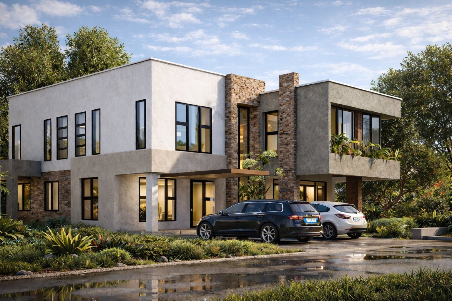 Phased maisonette Kenya — Phase 2 completed two-storey maisonette overhead aerial at sunset, double carpark, lush garden and tropical landscaping. Designed by Aalis Studios Nairobi.