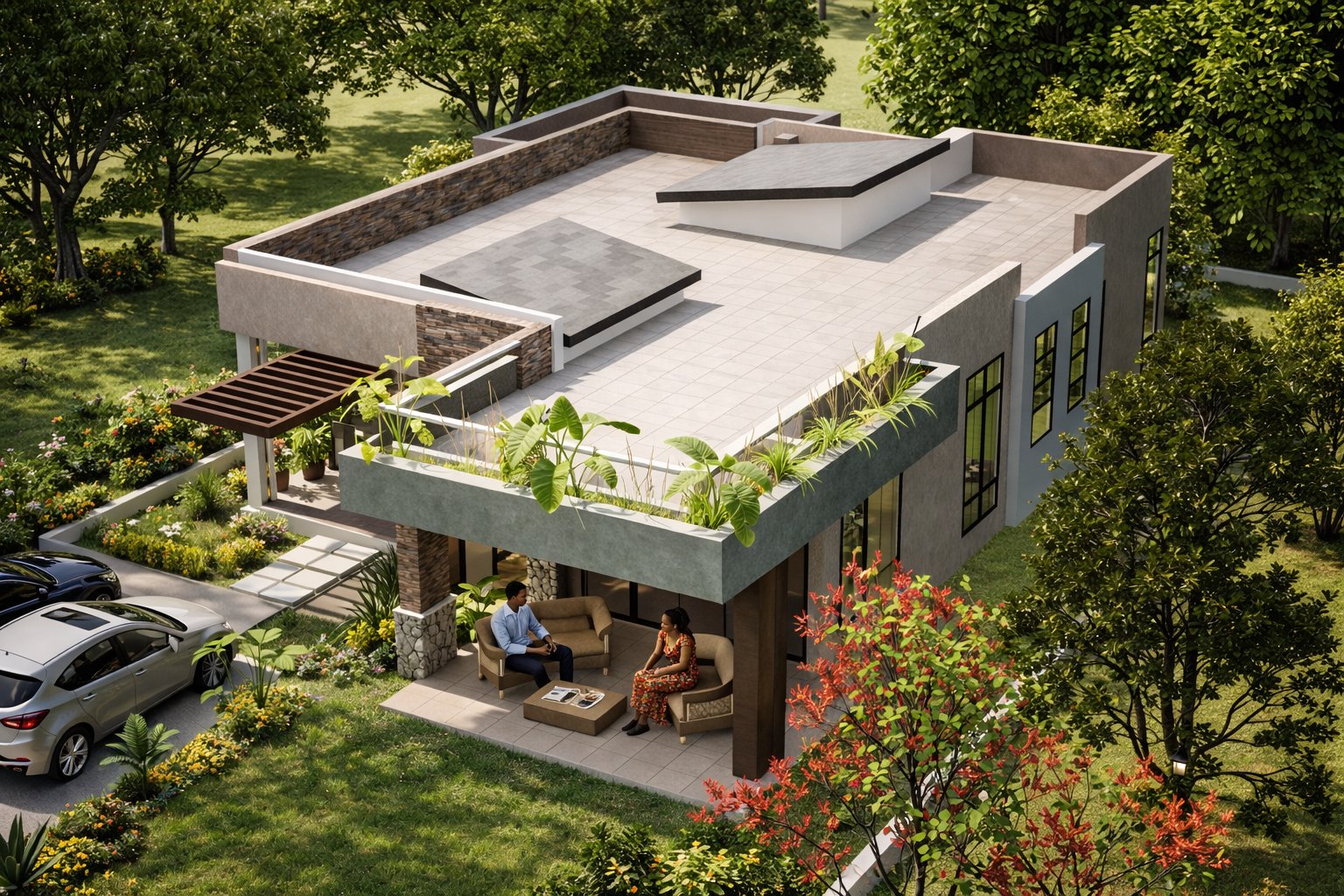 Phase 2 phased maisonette Kenya — facade option: bold dark charcoal / near-black cladding on upper volume, light stone base, full-height glazing, rooftop planters and covered terrace