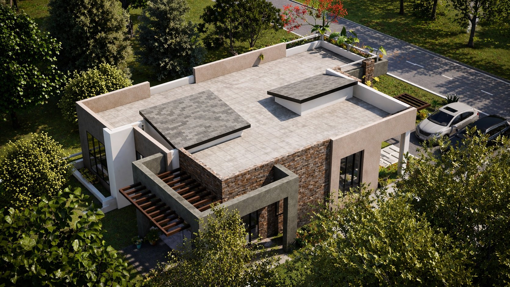 Phase 2 phased maisonette Kenya — facade option: light grey smooth render on left volume, natural stone cladding vertical accent, rooftop planters, large black-frame windows and two-car parking