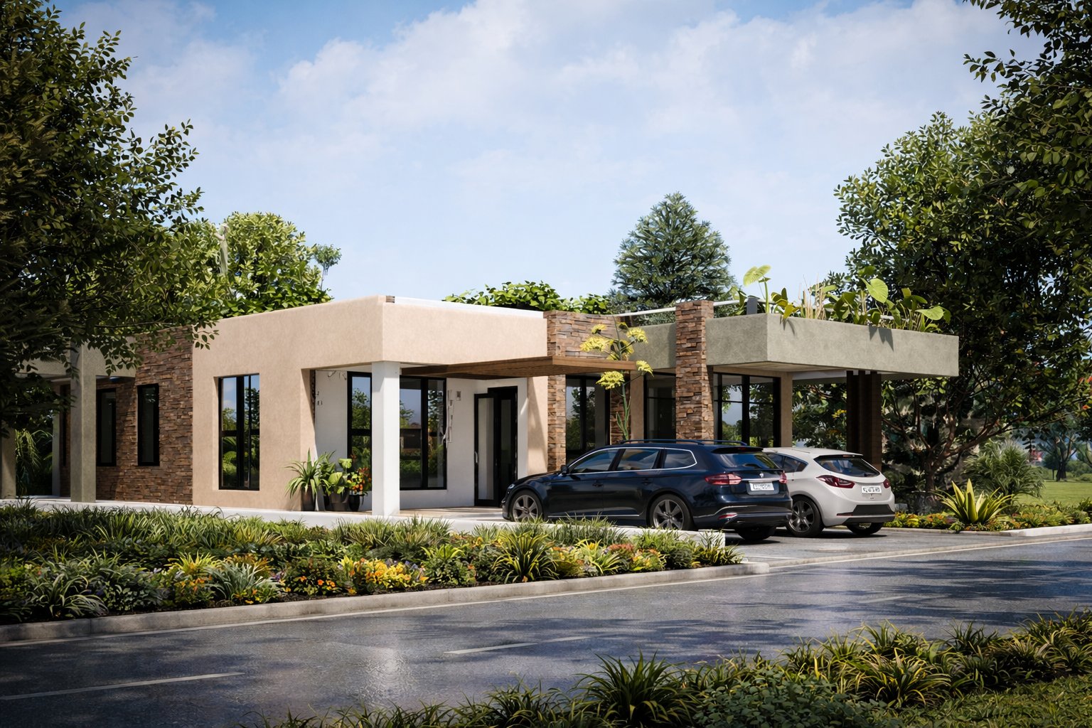 Phase 2 phased maisonette Kenya — facade option: warm horizontal timber cladding on upper volume, white smooth render on lower volume, rooftop planters, large windows and covered terrace