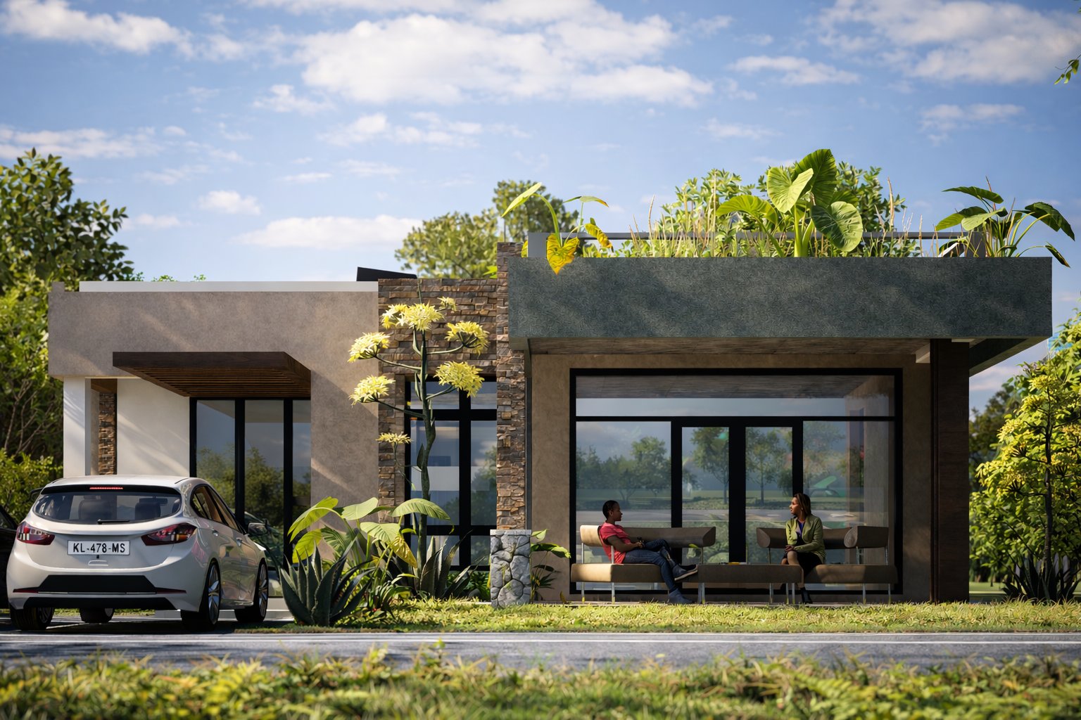 Phase 2 phased maisonette Kenya — front elevation in daylight showing full two-storey height, stone cladding accent panels, render facade, covered terrace and two-car parking
