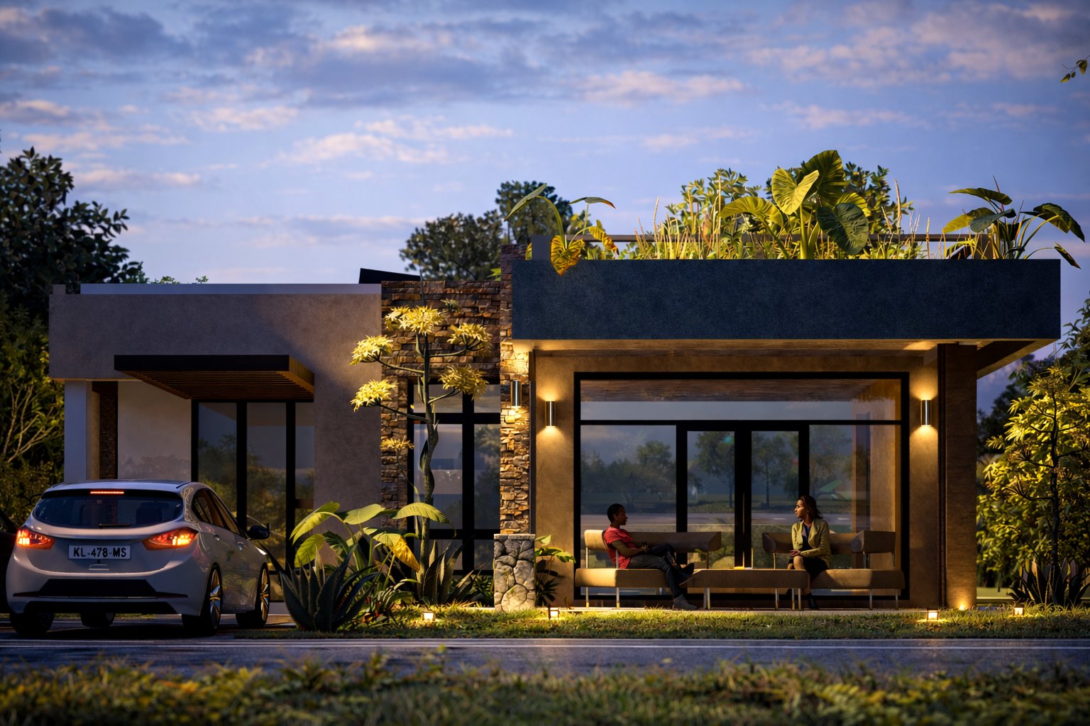 Phase 2 phased maisonette Kenya — front elevation at evening with warm amber interior lighting glowing through large windows, stone cladding and render facade, two cars parked