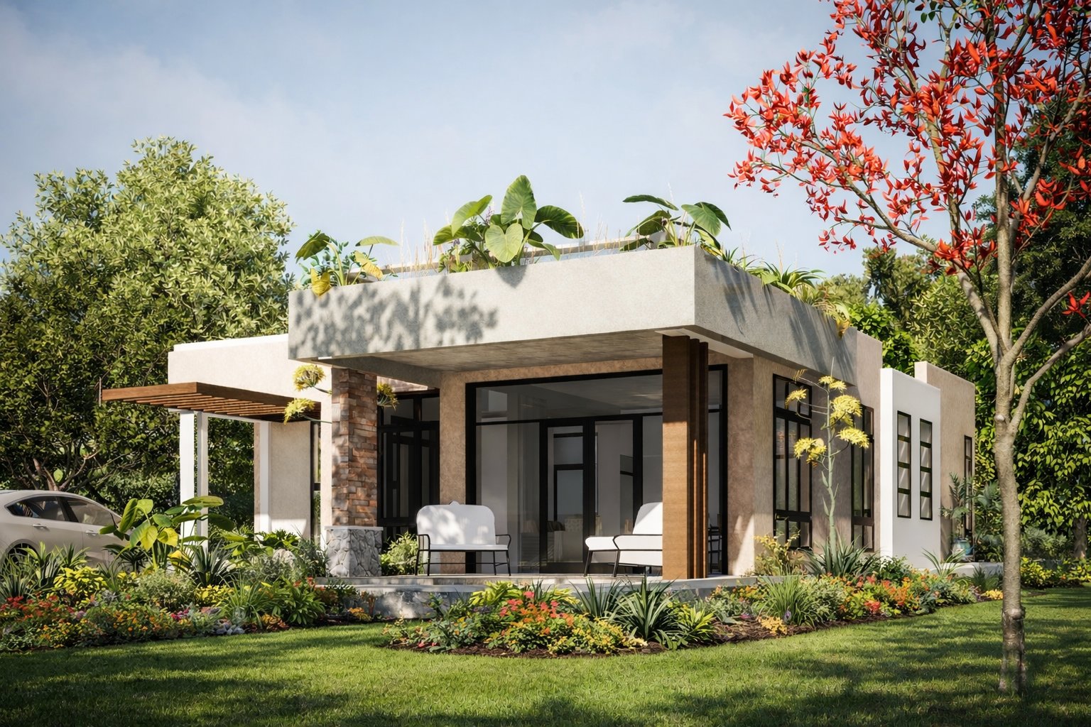 Phase 2 phased maisonette Kenya premium — full travertine-effect light stone facade on upper and lower volumes, floor-to-ceiling windows, rooftop planters, covered terrace and two-car parking