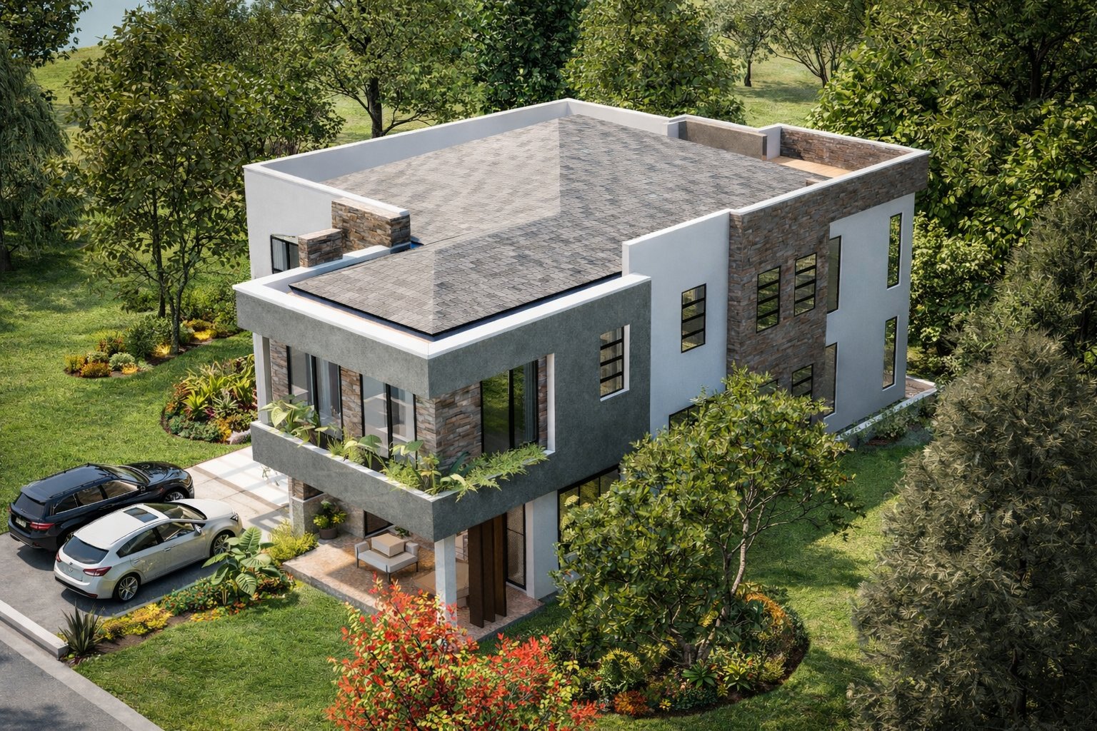 Phase 2 phased maisonette Kenya premium wide view — travertine-clad two-storey maisonette with wider frontage, bronze-tone aluminium window frames, white outdoor furniture on terrace and two cars