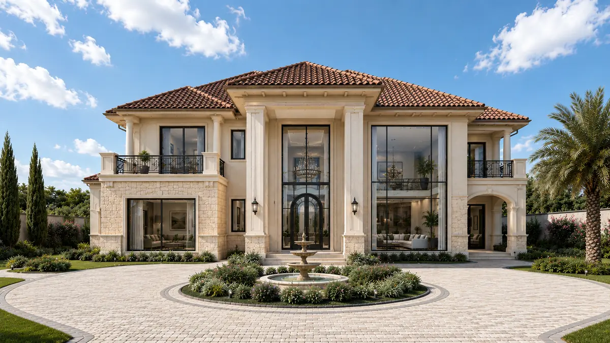 3D visualisation of a classical villa with a terracotta tile roof, double-height glazing and a fountain in a paved entrance court, designed by Aalis Studios