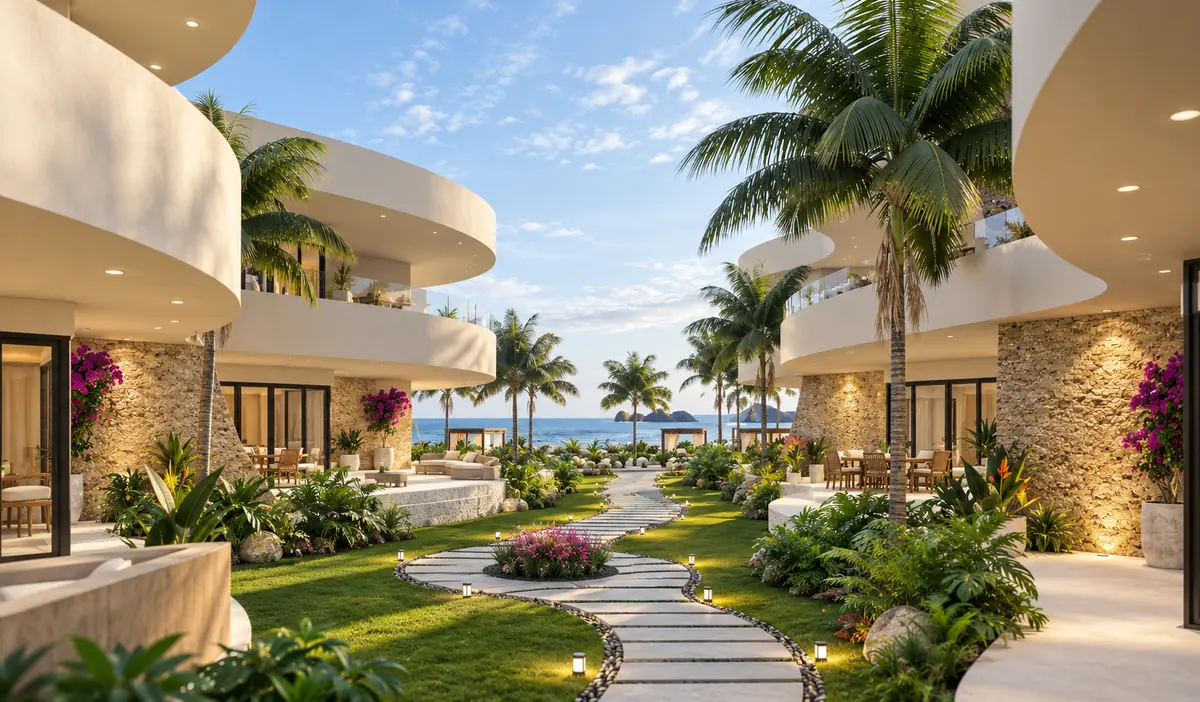 3D visualisation of coastal residences with curved terraces, stone feature walls, palms and a garden walkway leading to the sea, designed by Aalis Studios