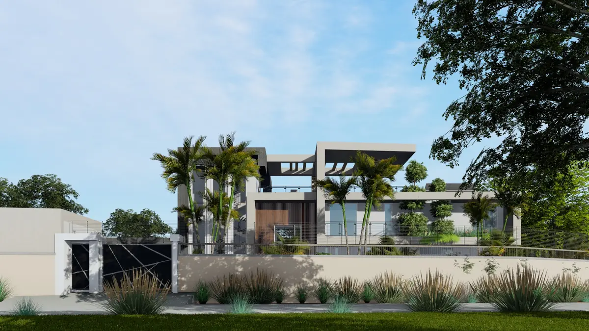 3D visualisation of a contemporary villa behind a landscaped boundary wall with a timber screen, rooftop pergola and palms, designed by Aalis Studios