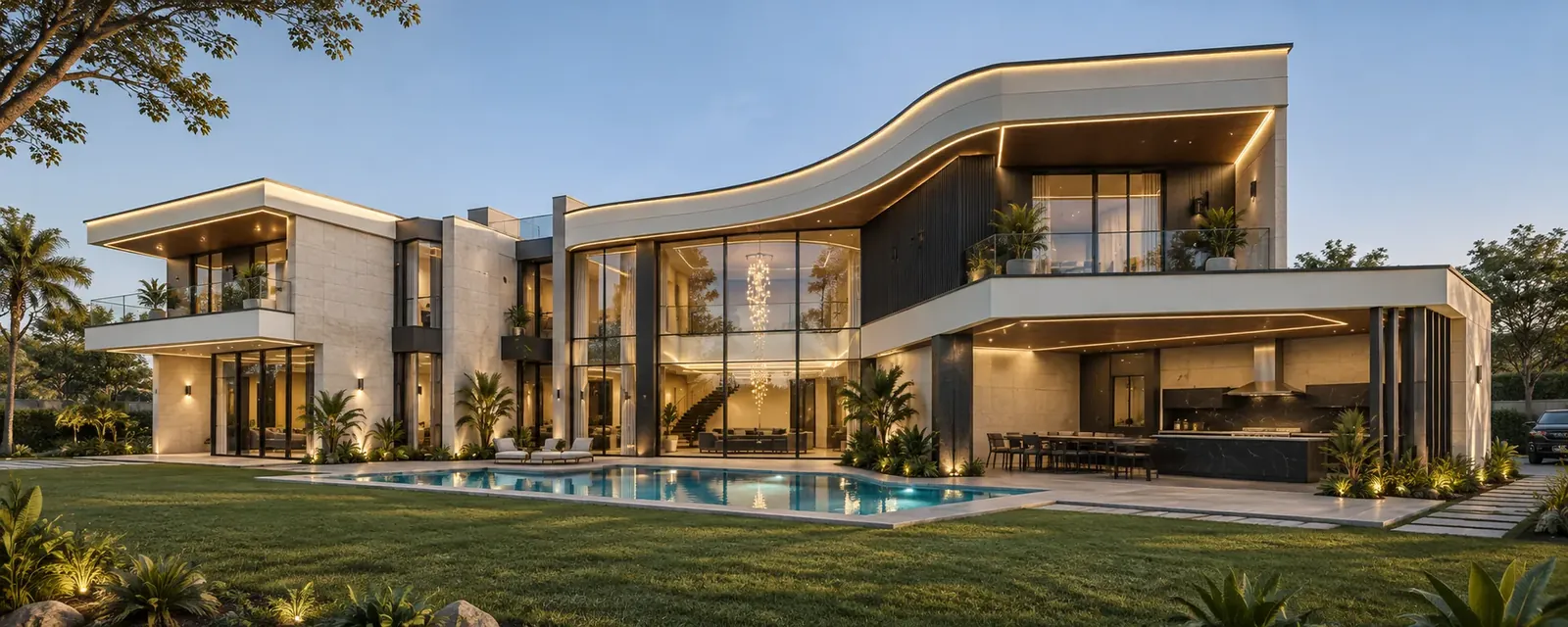 3D visualisation of a contemporary two-storey villa with a curved roof, floor-to-ceiling glazing, covered terrace and swimming pool, designed by Aalis Studios