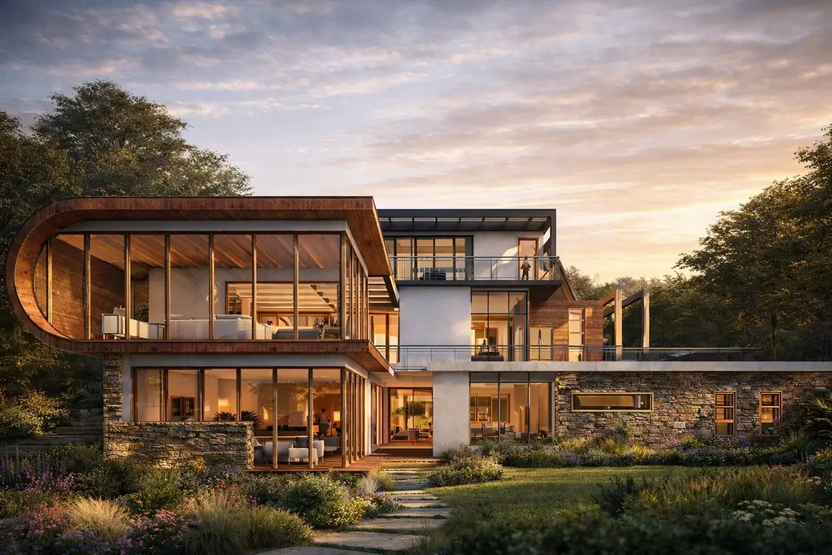 3D visualisation at dusk of a villa with a curved timber roof, stone base, glazed living areas and landscaped garden, designed by Aalis Studios