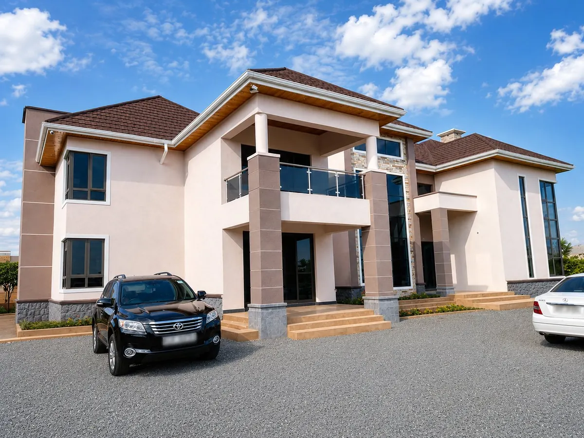 Villa Kijani, a luxury villa in a gated Nairobi estate with a double-height entrance portal and stone pilasters, by Aalis Studios