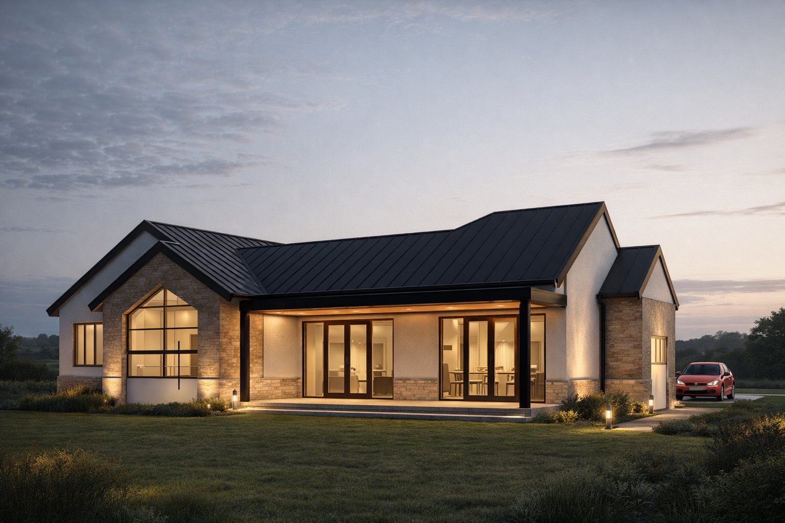 3 bedroom bungalow Kenya rear elevation — stone and render facade, multi-gable roof, large glazed living room window