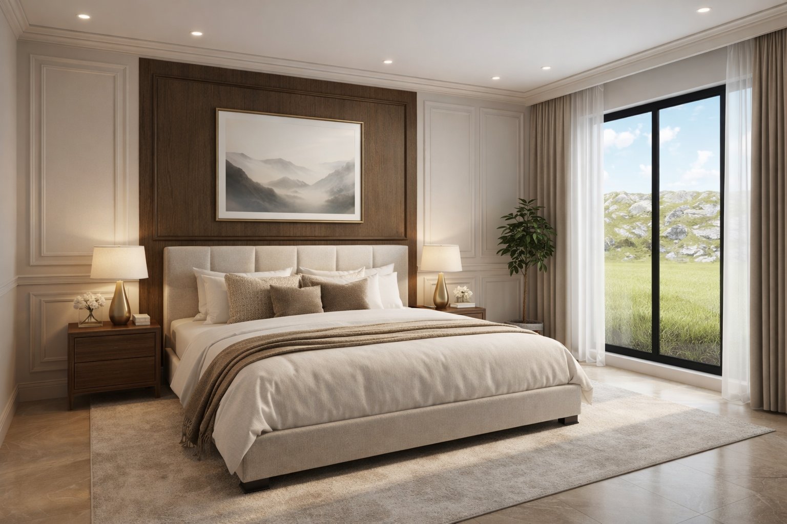 3 bedroom bungalow Kenya bedroom 02 — twin beds, polished marble floor, LED cove ceiling, timber panel headboard