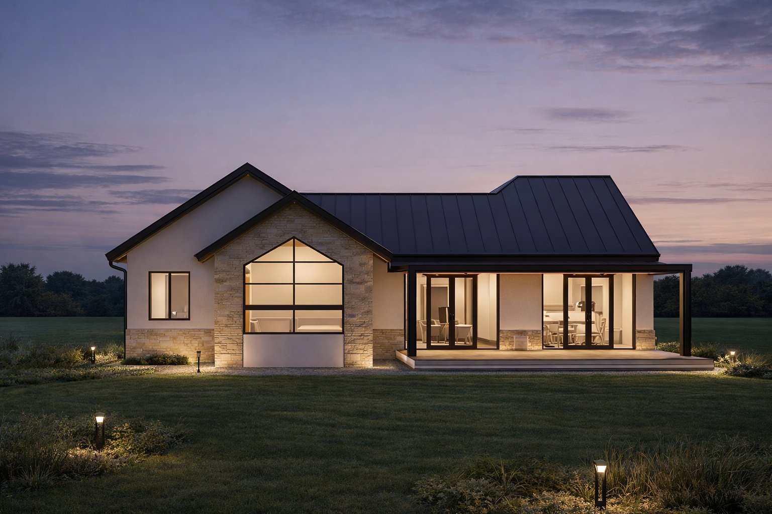 3 bedroom bungalow Kenya rear gable — glazed facade, bollard lighting, covered outdoor terrace