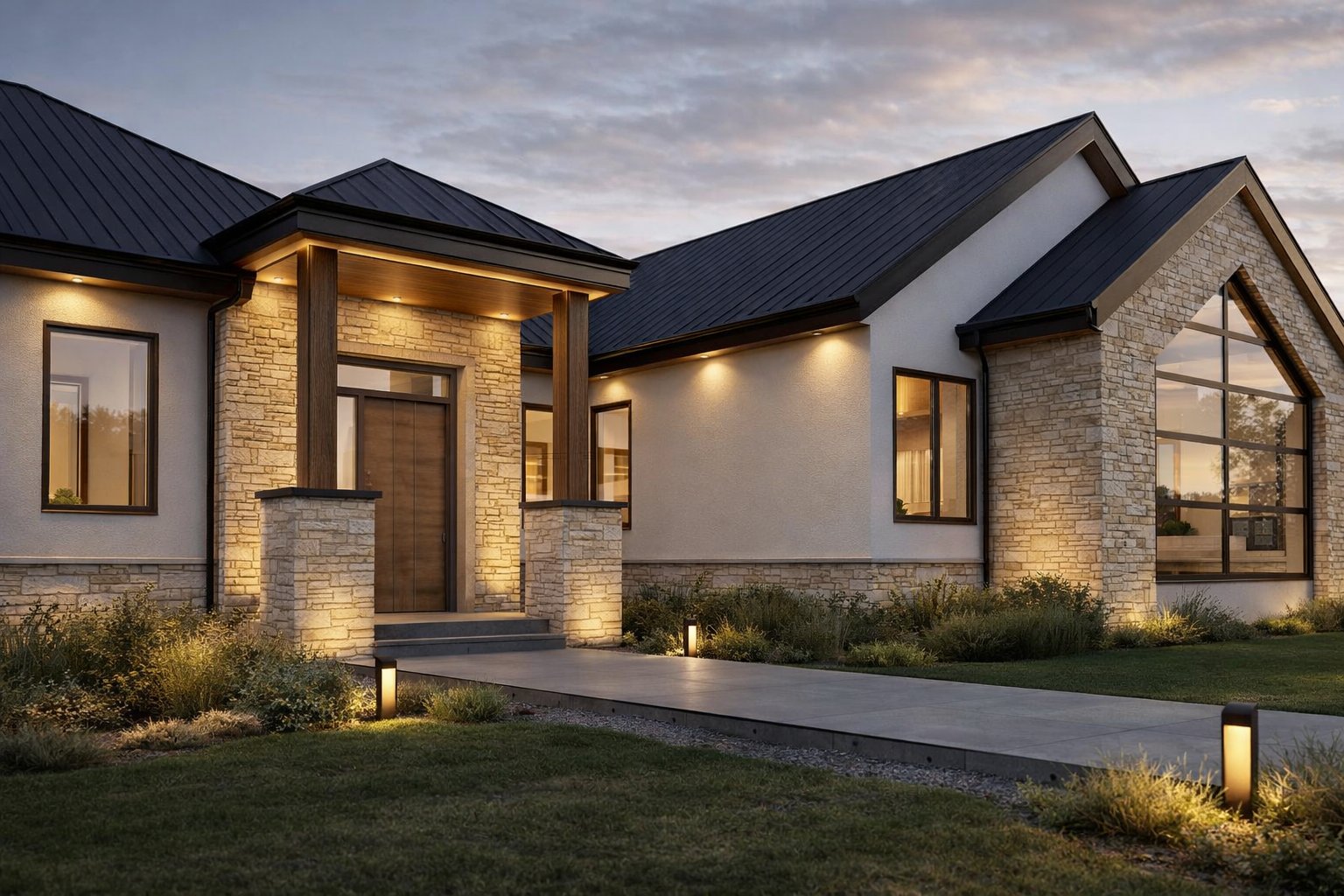 3 bedroom bungalow Kenya entrance — stone-clad columns, timber pivot door, standing seam porch roof, garden path