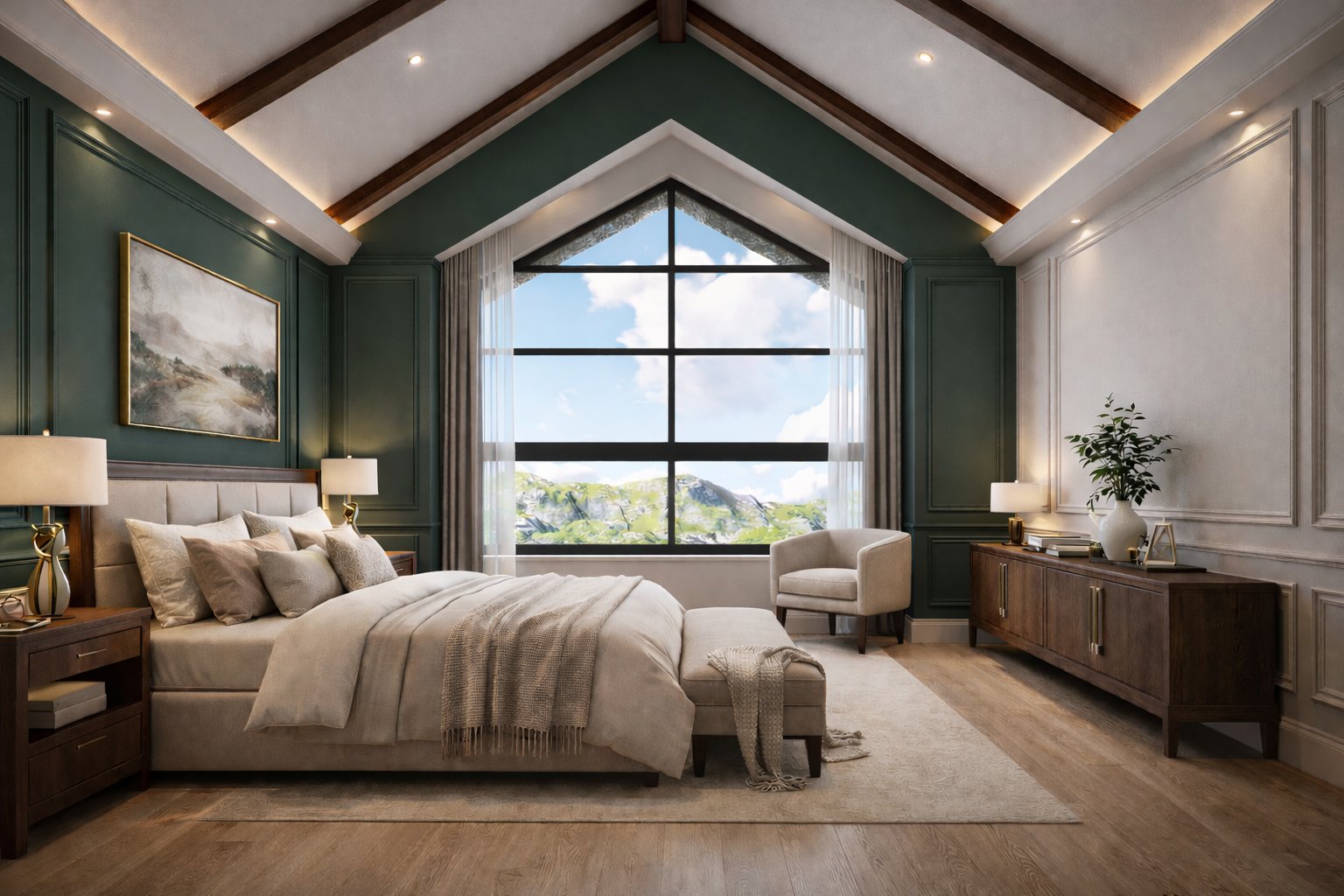 3 bedroom bungalow Kenya grandmother bedroom — pale green walls, accessible ground floor, pastoral views, Aalis Studios