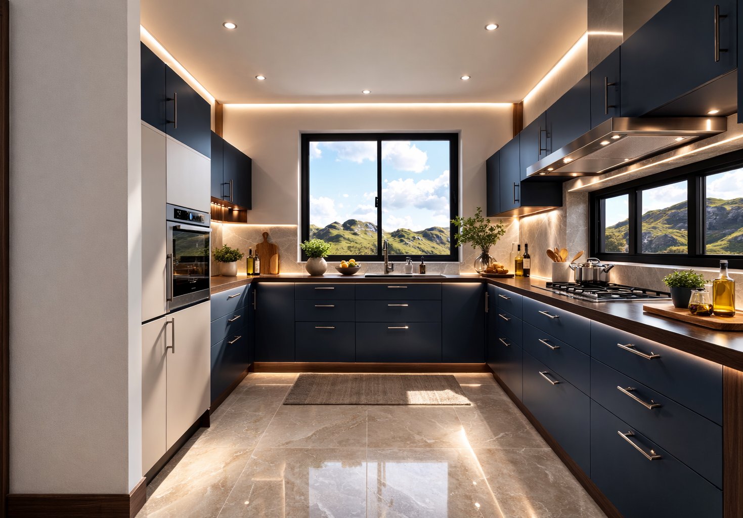 3 bedroom bungalow Kenya kitchen — navy matte cabinets, gypsum ceiling with downlights, large format floor tiles, Aalis Studios