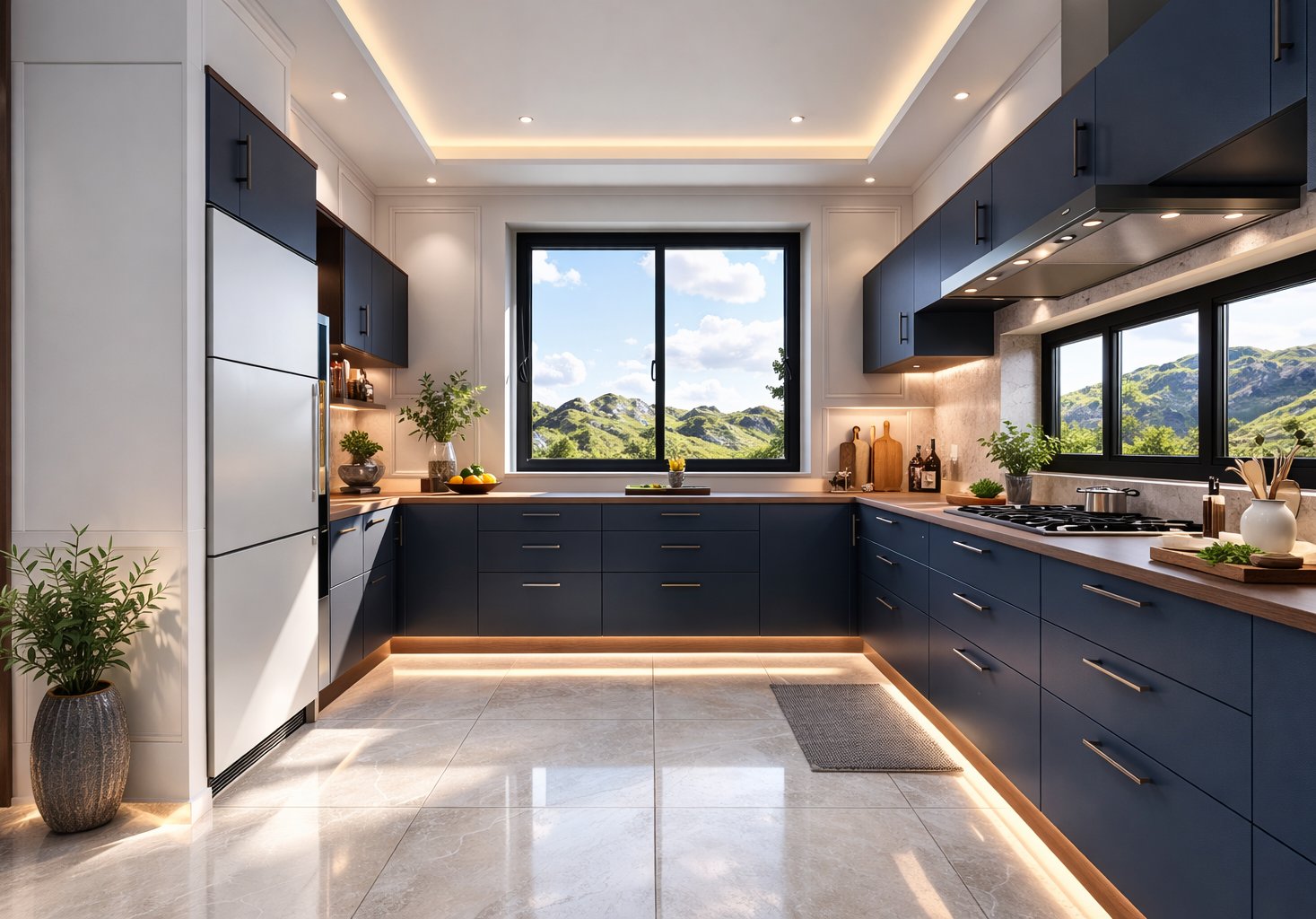 3 bedroom bungalow Kenya kitchen — navy U-shape cabinets, timber countertop, marble floor, mountain view, Aalis Studios Karatina