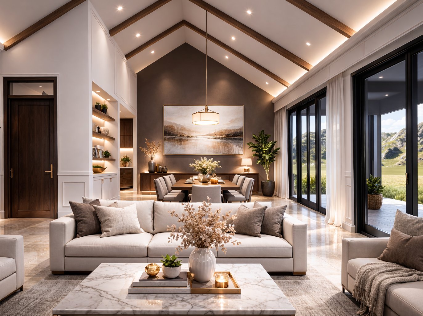 3 bedroom bungalow Kenya living room — vaulted ceiling, exposed timber trusses, LED coves, travertine floor, Aalis Studios Karatina