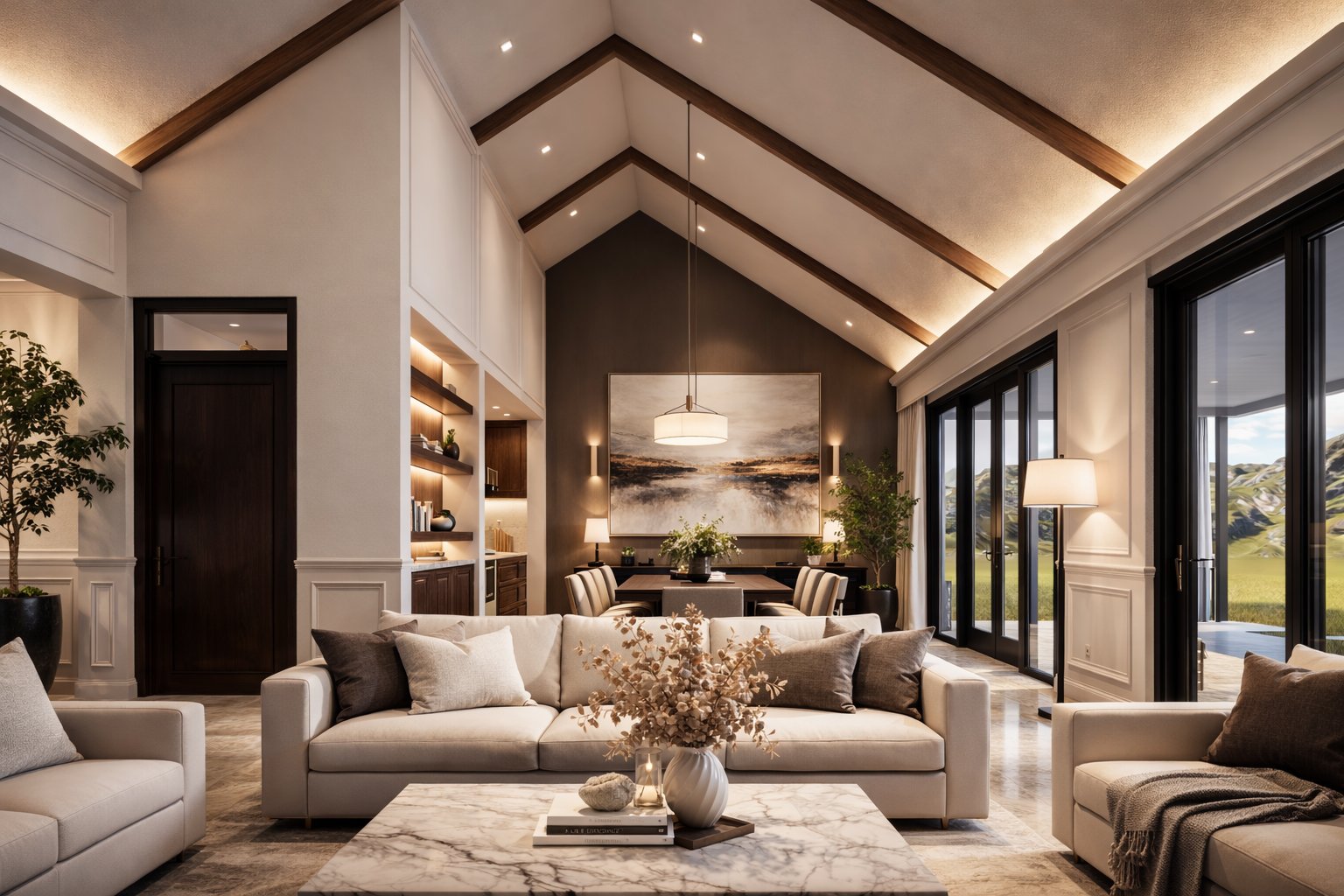 3 bedroom bungalow Kenya open-plan living to dining — cathedral ceiling, timber beams, marble table, Aalis Studios