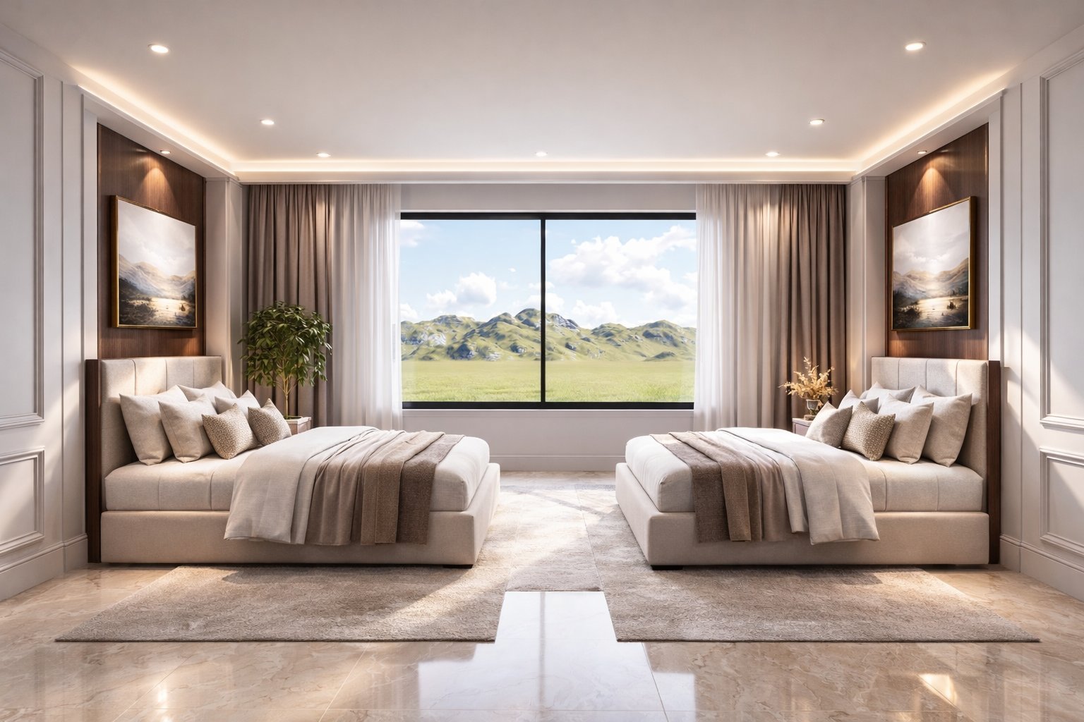 3 bedroom bungalow Kenya master bedroom — cathedral ceiling, dark timber beams, green feature wall, gable window, mountain view