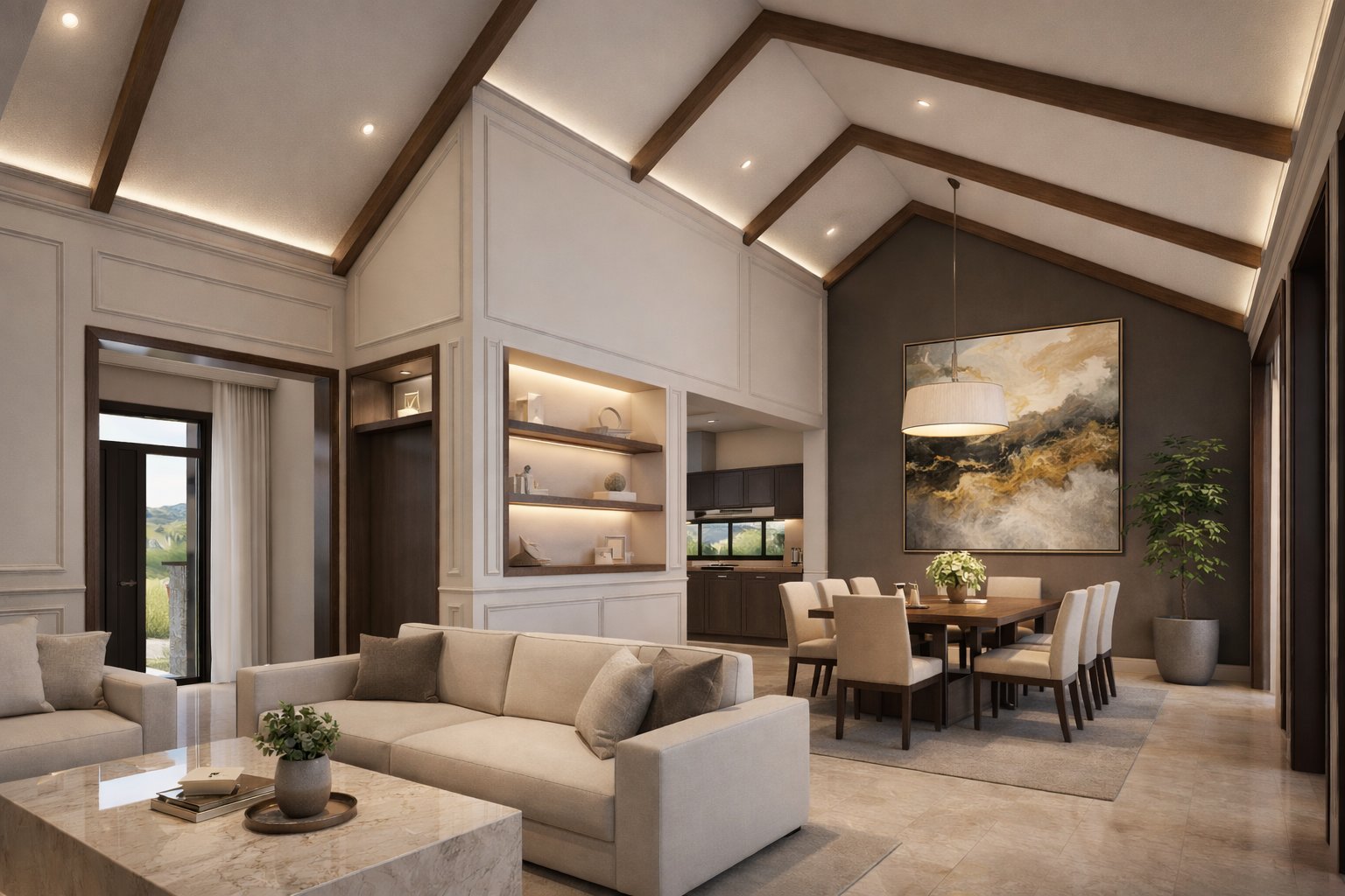 3 bedroom bungalow Kenya open plan living dining kitchen — timber roof trusses, stone feature wall, polished travertine floor