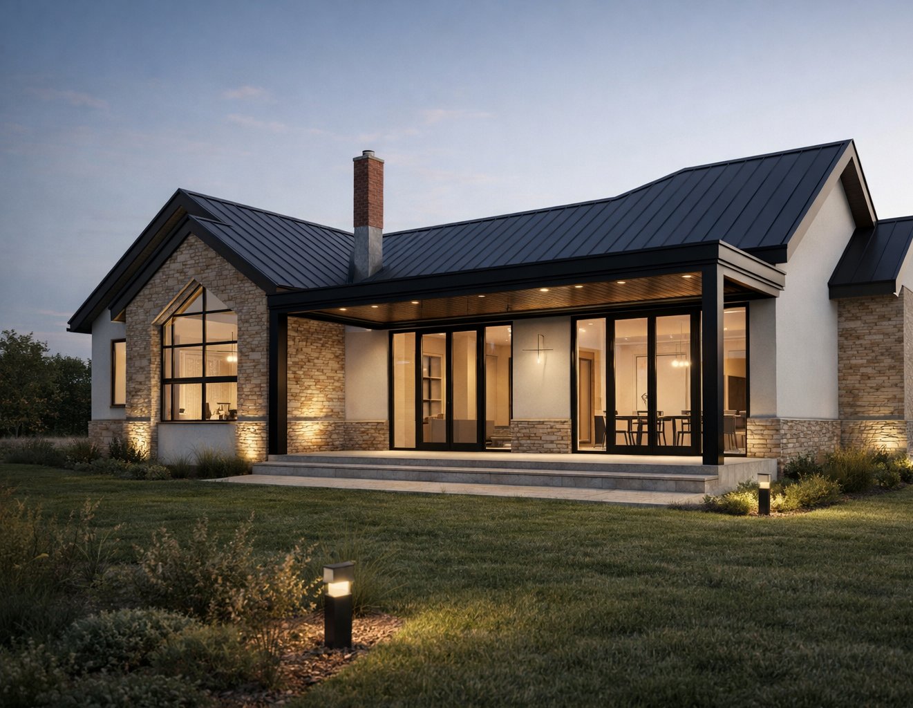 3 bedroom bungalow Kenya rear veranda at night — timber louvre ceiling, folding glazed doors, garden, dark metal pergola