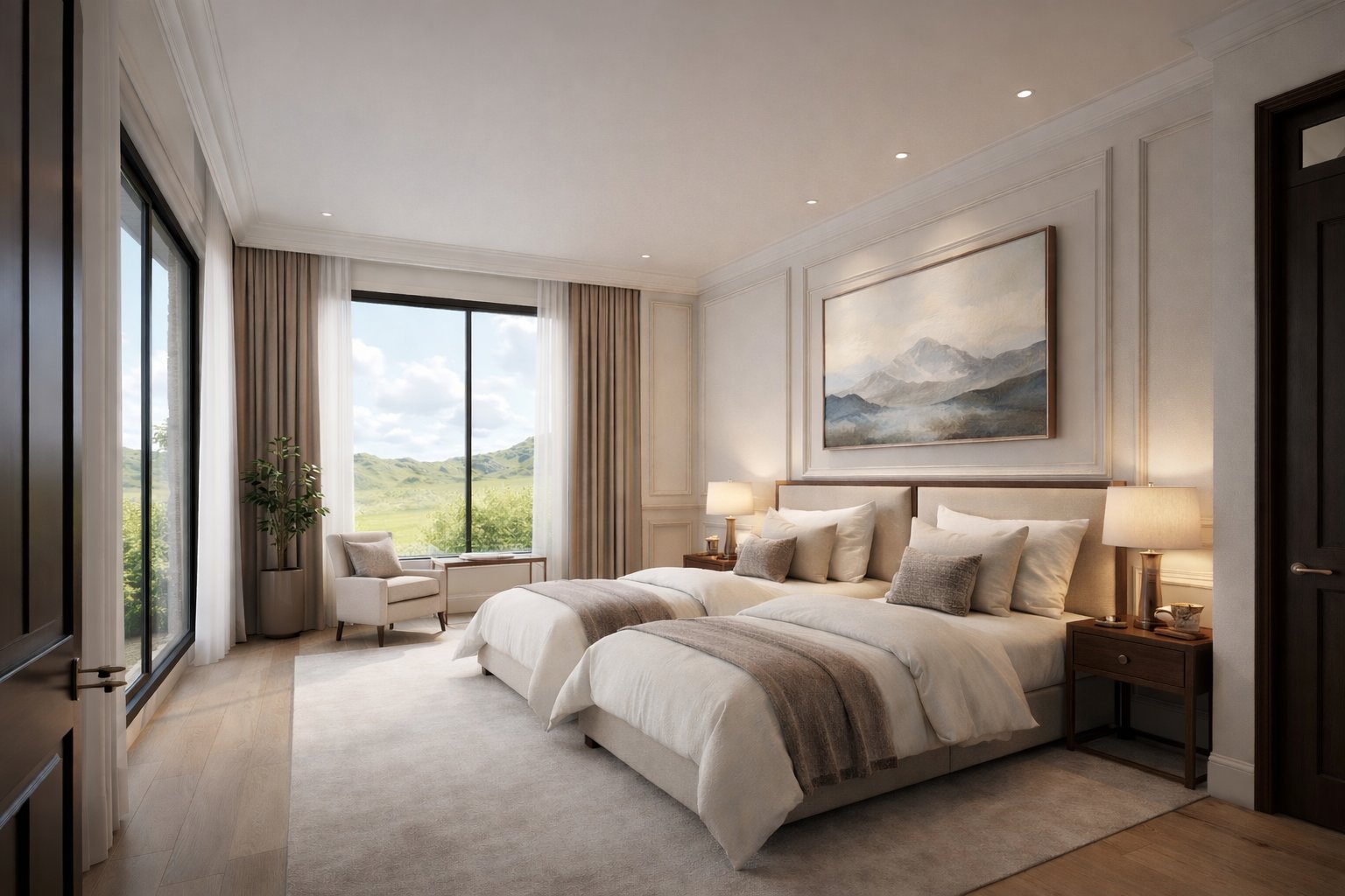 3 bedroom bungalow Kenya side view — multi-gable roof, stone and render facade, garage wing, rural Kenya, Aalis Studios