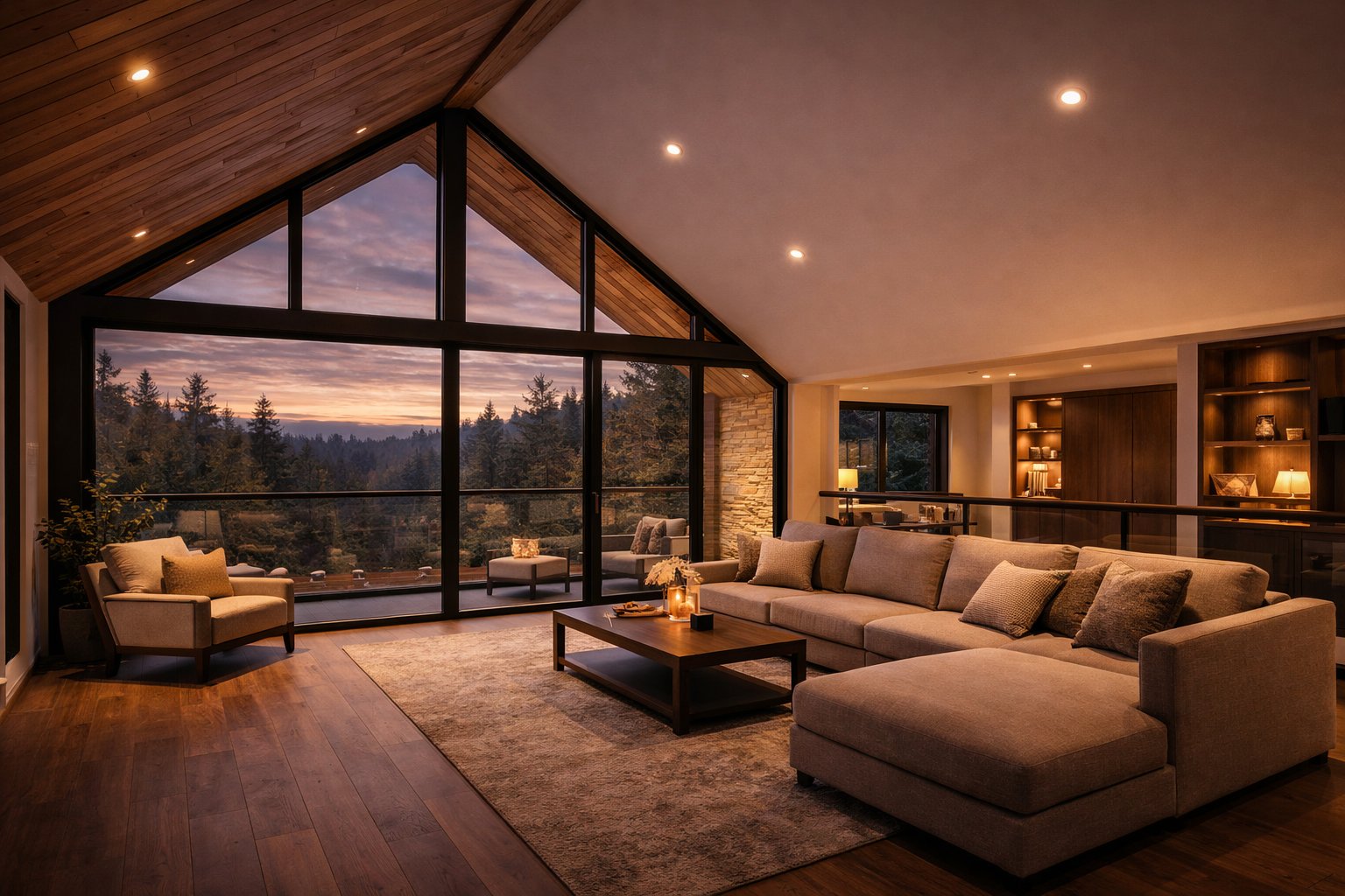 Architect-designed luxury cabin on the Kenya coast — aerial dusk view, fire pit lounge, forest landscape — Aalis Studios investment property