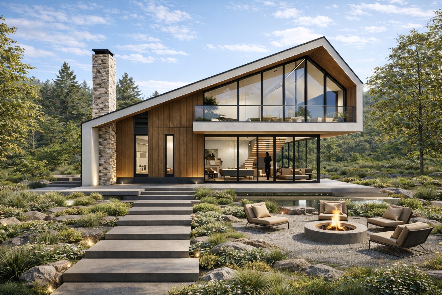 The Ngong Ridge House daytime view — modern cantilever home with sloped roof, floor-to-ceiling glass, stone chimney and fire pit lounge — Aalis Studios contemporary architecture Kenya