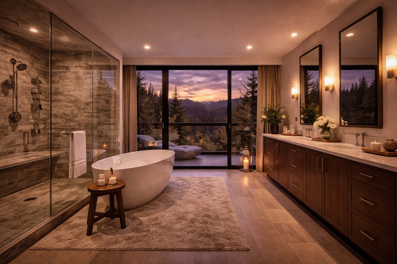 The Ngong Ridge House kitchen and dining — dark timber cabinets, stone backsplash, large island, forest view through sliding glass — Aalis Studios open-plan interior design Kenya