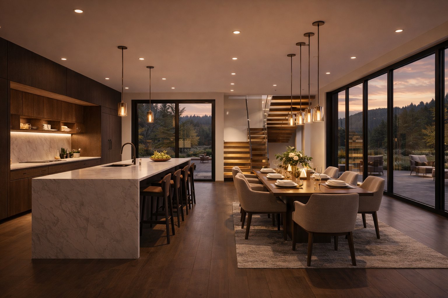 The Ngong Ridge House living room — stone fireplace wall with art, sectional sofa, floating timber staircase, fire pit terrace through glass — Aalis Studios interior design Nairobi