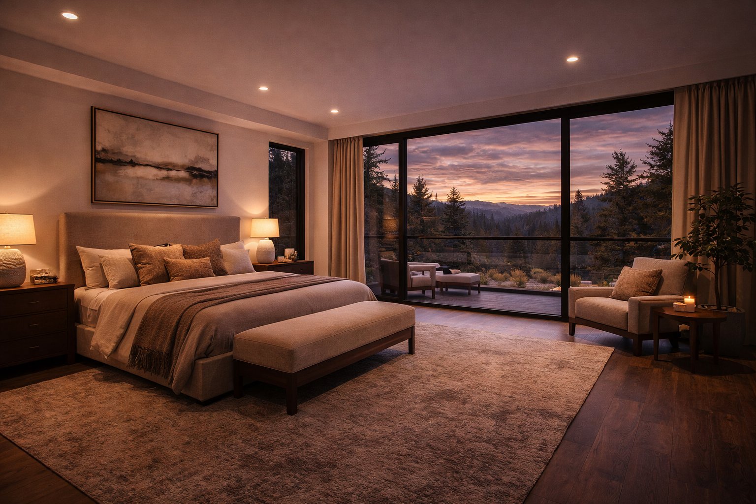 Kaskazi Retreat interior — stone fireplace, floating staircase, open plan living room with glass doors to terrace