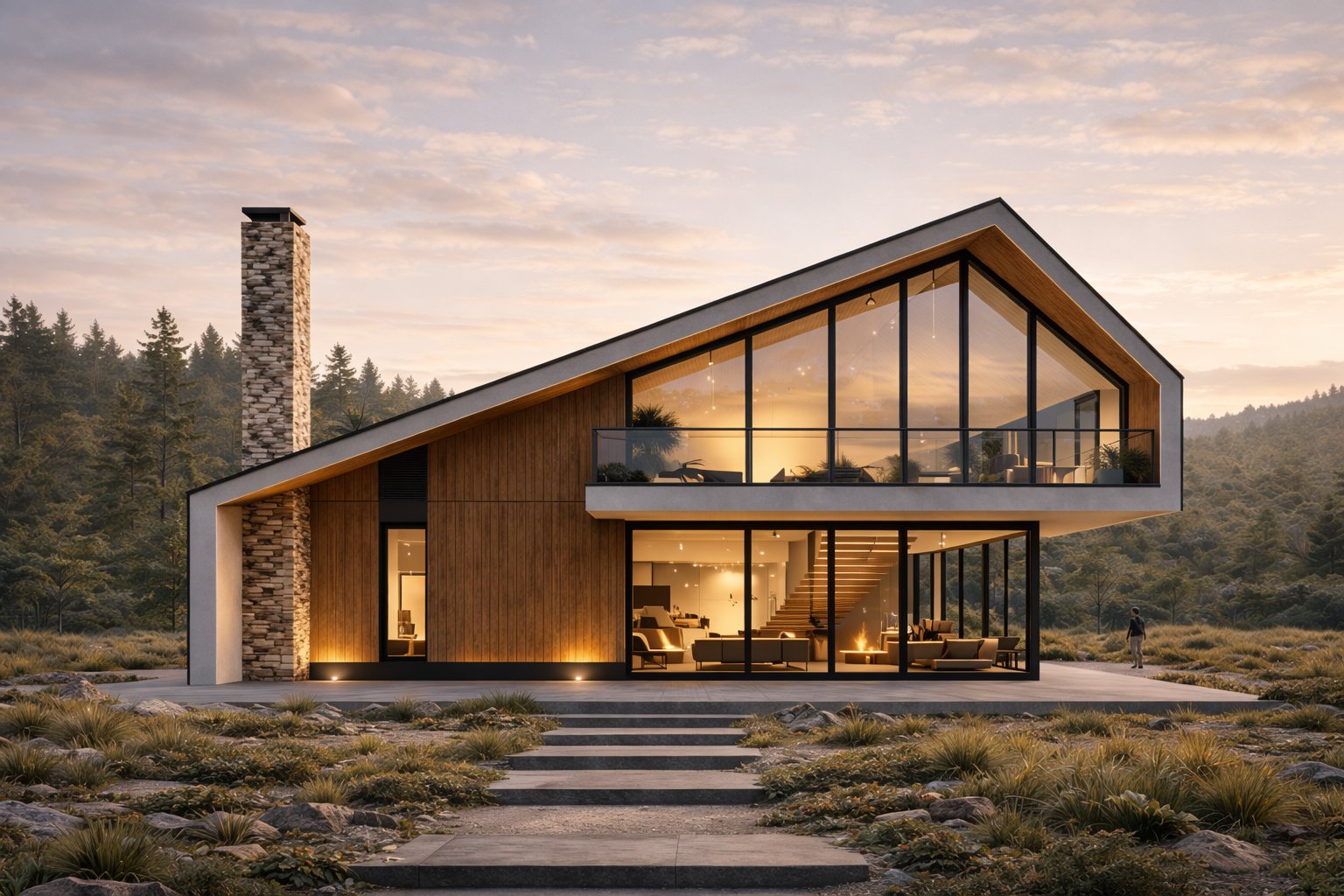 Architect-designed Kenya coast cabin at night — fire pit lounge, glass walls glowing with interior light, natural forest landscape