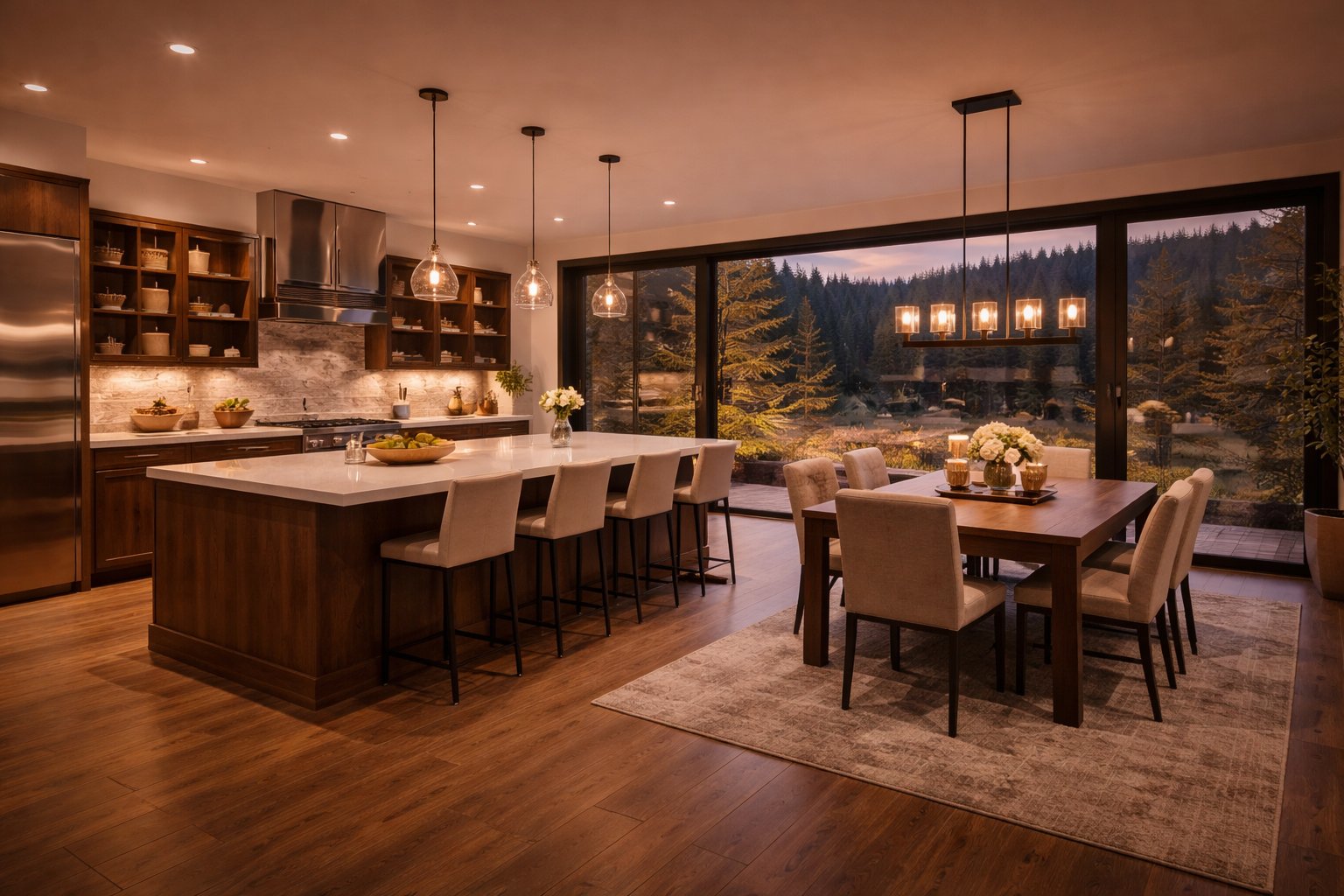 Interior of luxury Kenya cabin — exposed timber ceiling under glazed gable, forest and sky view, architect-designed interior by Aalis Studios